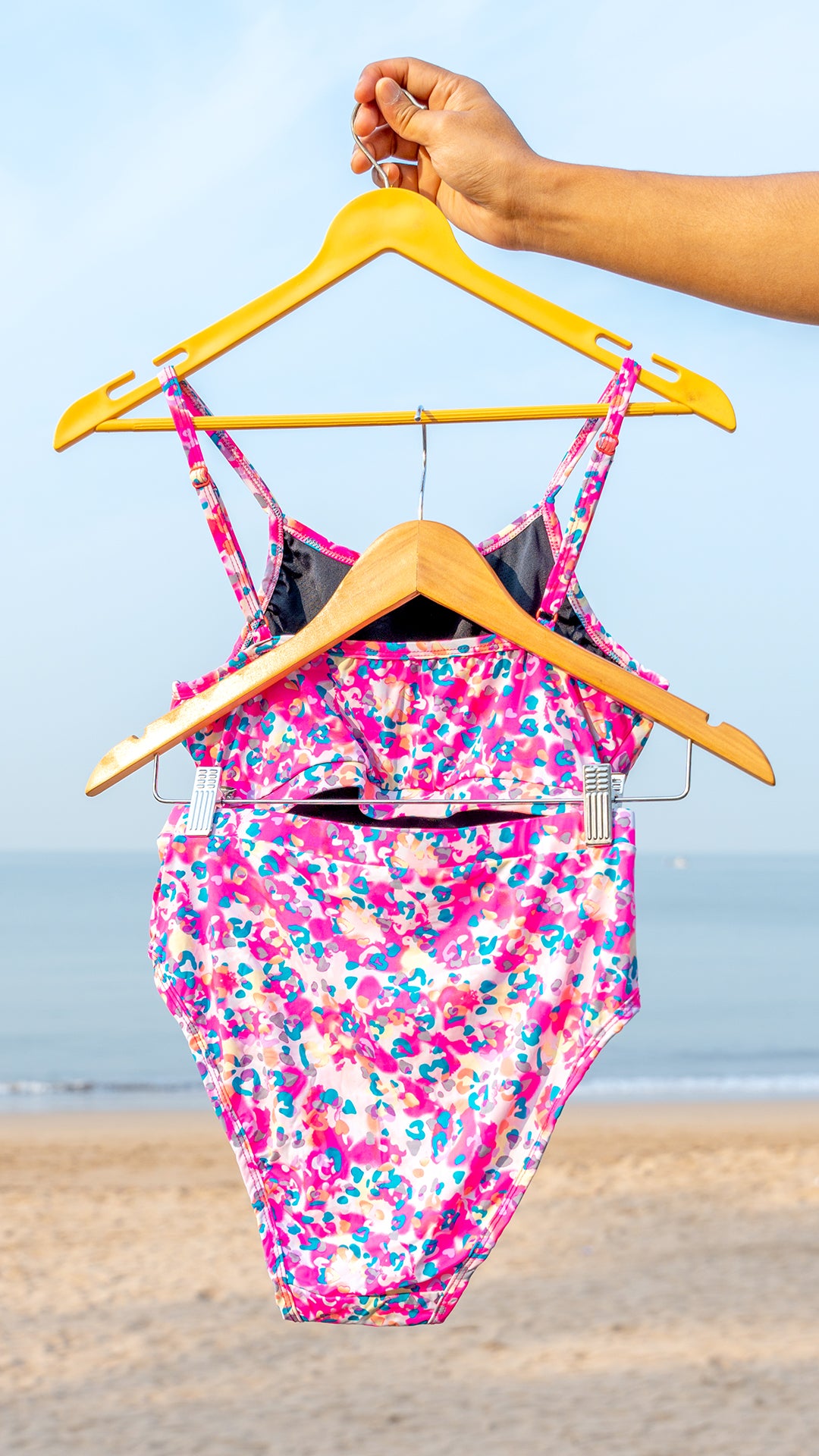 Pink Flower Bikini Padded Top & Full Coverage Bikini Bottom