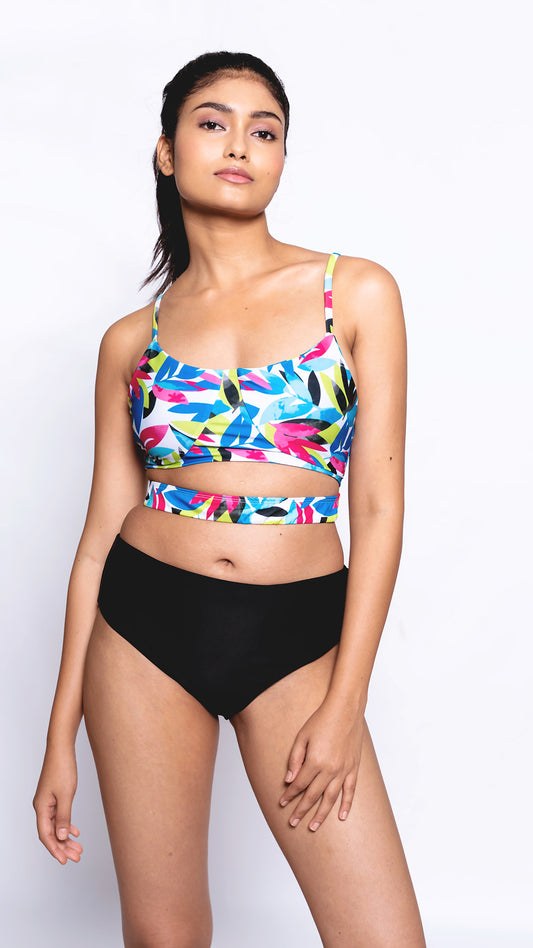 Logut multicolor printed swimwear top and Black Full Coverage Swimwear bottom